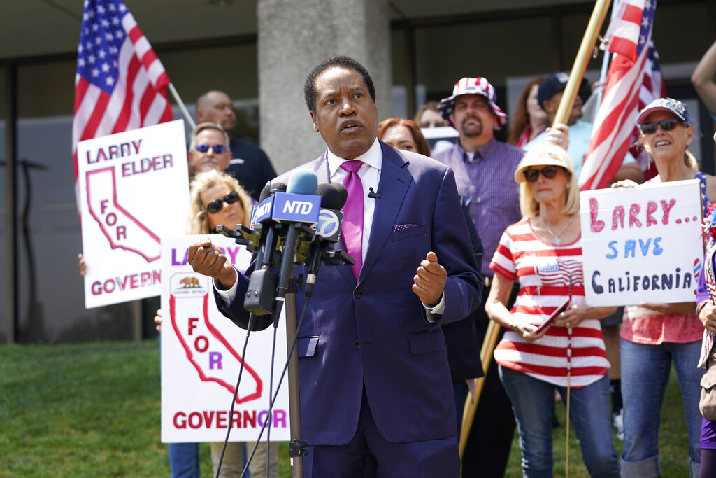 In this July 13, 2021 file photo radio talk show host Larry Elder speaks to supporters during a campaign stop in Norwalk, Calif. (AP Photo/Marcio Jose Sanchez, File)