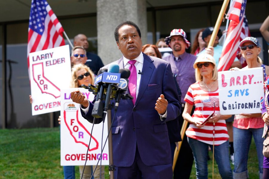 In this July 13, 2021 file photo radio talk show host Larry Elder speaks to supporters during a campaign stop in Norwalk, Calif. (AP Photo/Marcio Jose Sanchez, File)