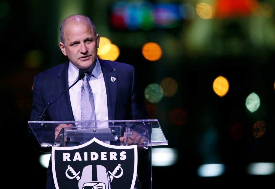 In this Nov. 13, 2017, file photo, Oakland Raiders President Marc Badain speaks during a ceremonial groundbreaking for the Raiders' stadium in Las Vegas. (AP Photo/John Locher, File)