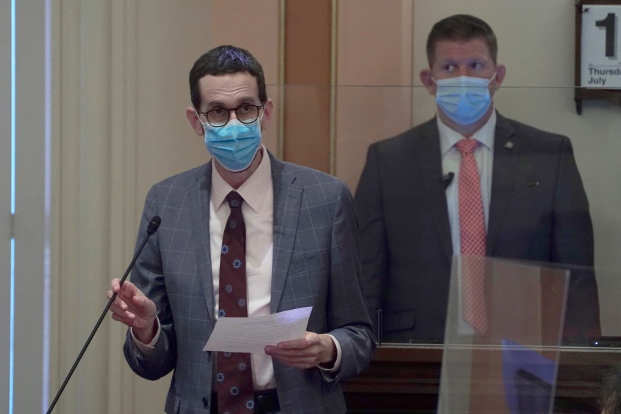 State Sen. Scott Wiener, D-San Francisco, wears a face mask as he speaks on the floor of the Senate in Sacramento, Calif., on July 15, 2021. (AP Photo/Rich Pedroncelli)