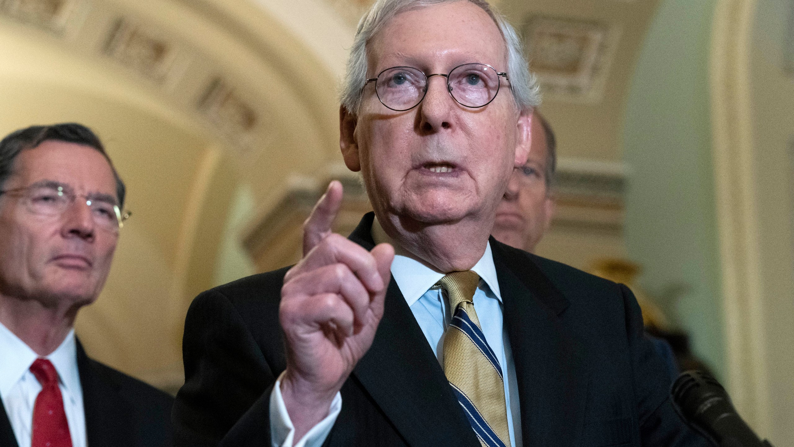 Senate Minority Leader Mitch McConnell, R-Ky., speaks to the media after a GOP policy luncheon, on Capitol Hill i on Capitol Hill in Washington, Tuesday, July 20, 2021. (AP Photo/Jose Luis Magana)