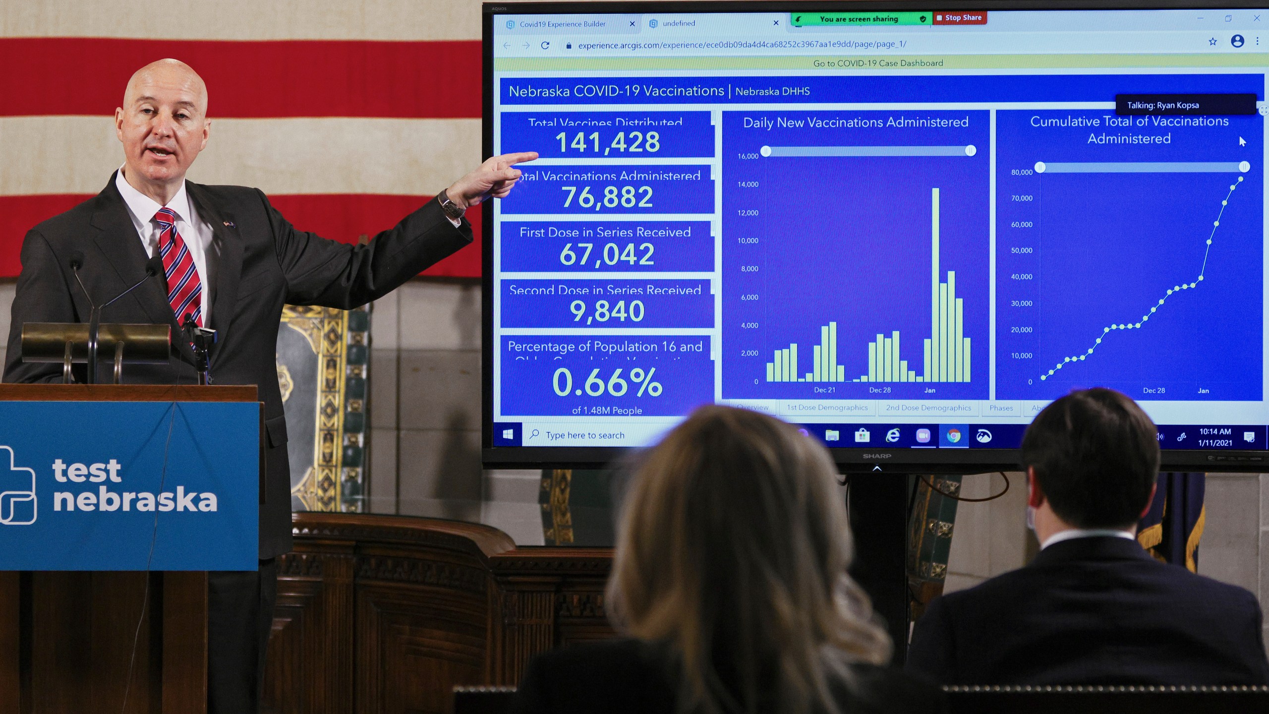 In this Jan. 11, 2021 file photo, Nebraska Gov. Pete Rickets points to vaccination statistics during a news conference in Lincoln, Neb. (AP Photo/Nati Harnik, File)