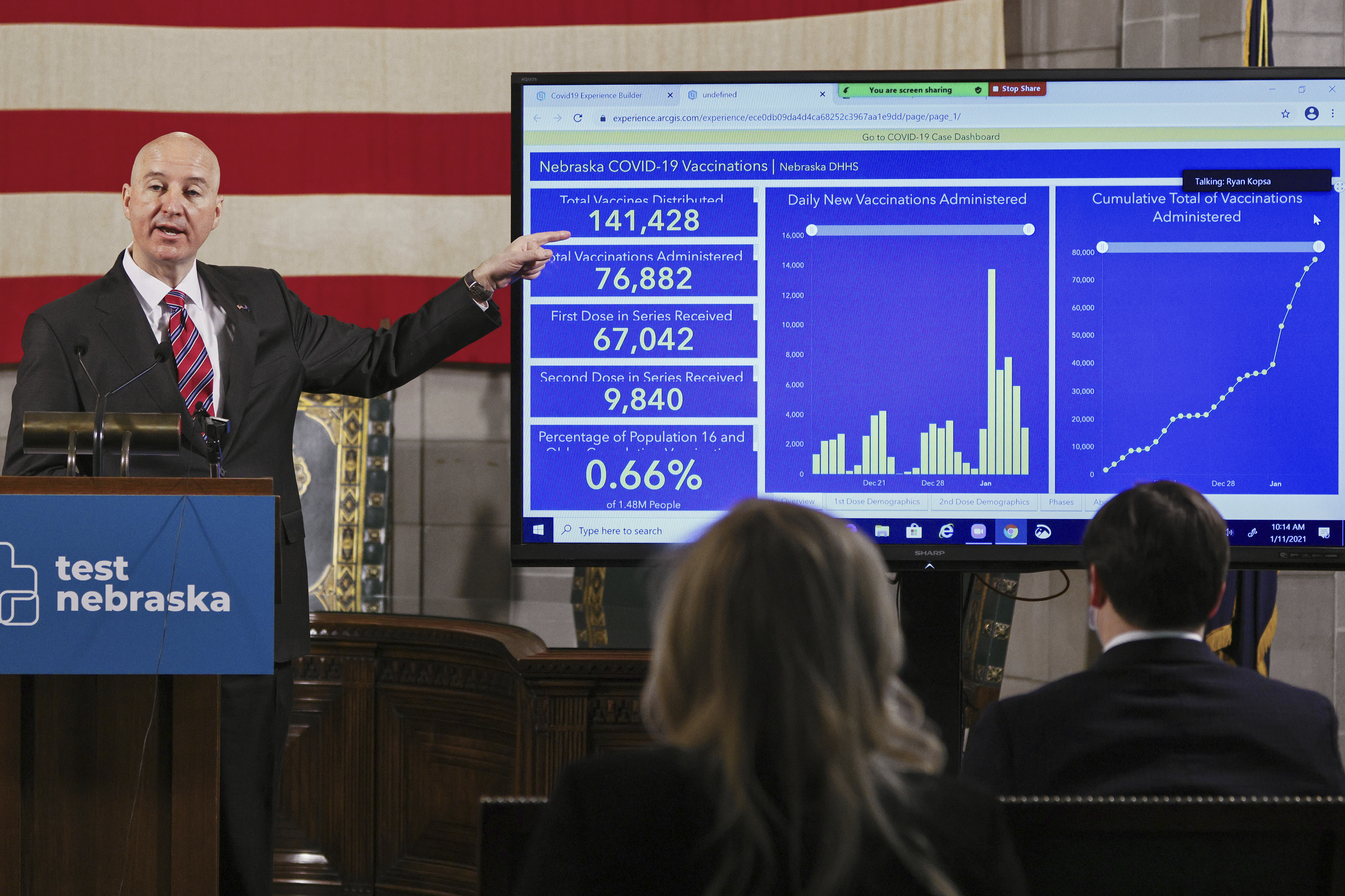 In this Jan. 11, 2021 file photo, Nebraska Gov. Pete Rickets points to vaccination statistics during a news conference in Lincoln, Neb. (AP Photo/Nati Harnik, File)