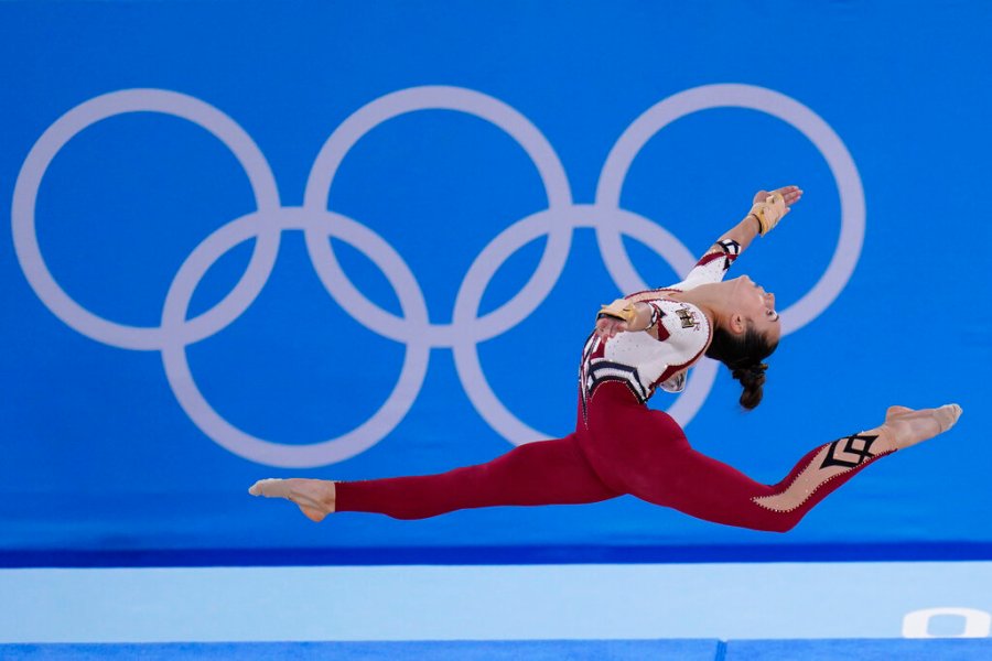 Pauline Schaefer-Betz, of Germany, performs her floor exercise routine during the women's artistic gymnastic qualifications at the 2020 Summer Olympics, Sunday, July 25, 2021, in Tokyo. (AP Photo/Gregory Bull)