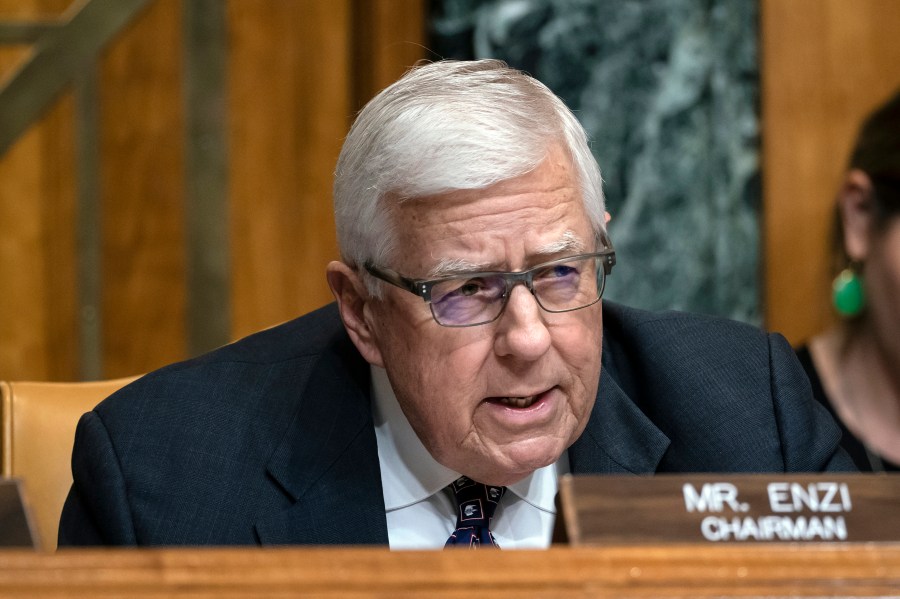 In this March 27, 2019, file photo, Sen. Mike Enzi, R-Wyo., chairman of the Senate Budget Committee, makes an opening statement on the fiscal year 2020 budget resolution, on Capitol Hill in Washington. Recently retired U.S. Sen. Mike Enzi of Wyoming died Monday, July 26, 2021. He was 77 years old. (AP Photo/J. Scott Applewhite, File)