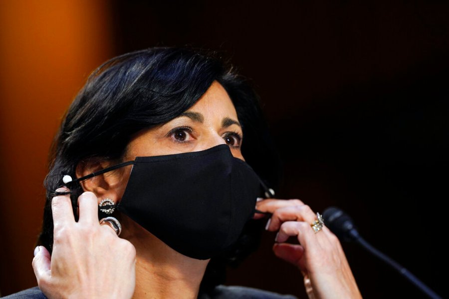 Dr. Rochelle Walensky, director of the Centers for Disease Control and Prevention, adjusts her face mask during a Senate Health, Education, Labor and Pensions Committee hearing on the federal coronavirus response on Capitol Hill in Washington, in this Thursday, March 18, 2021, file photo. (AP Photo/Susan Walsh, Pool, File)