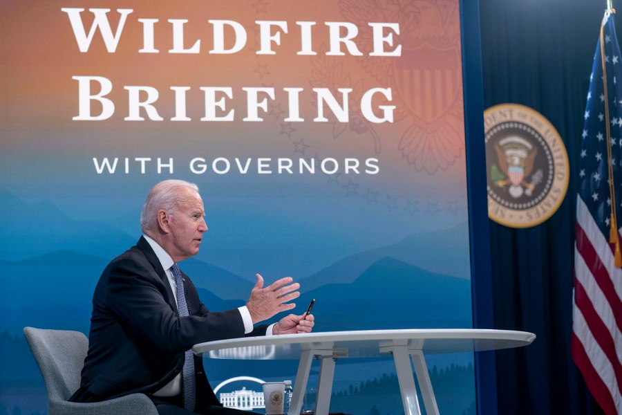 President Joe Biden speaks during a meeting with governors to discuss ongoing efforts to strengthen wildfire prevention, preparedness and response efforts, and hear firsthand about the ongoing impacts of the 2021 wildfire season in the South Court Auditorium in the Eisenhower Executive Office Building on the White House Campus in Washington, Friday, July 30, 2021. (AP Photo/Andrew Harnik)