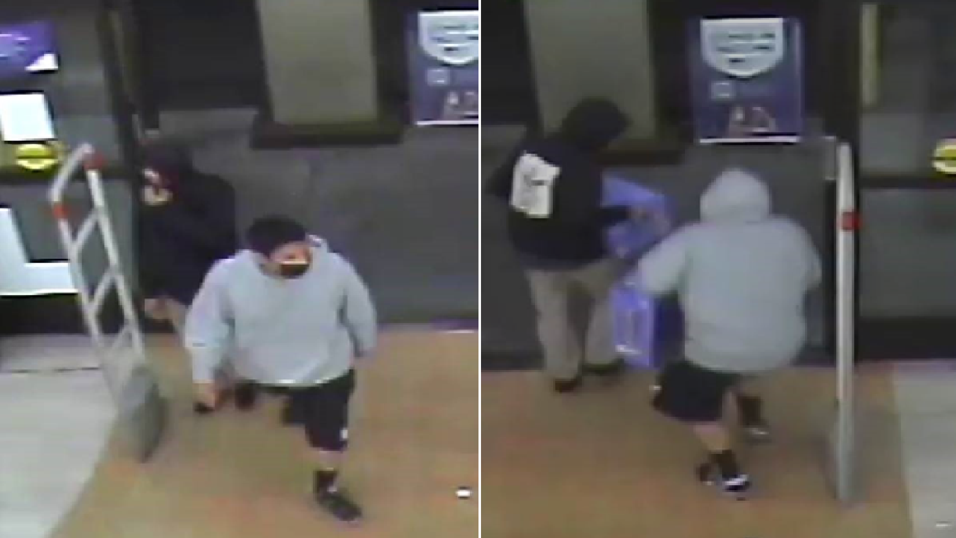 These surveillance images of two suspects wanted in the shooting death of a Rite Aid employee in Glassell Park were released by the Los Angeles Police Department on July 17, 2021.