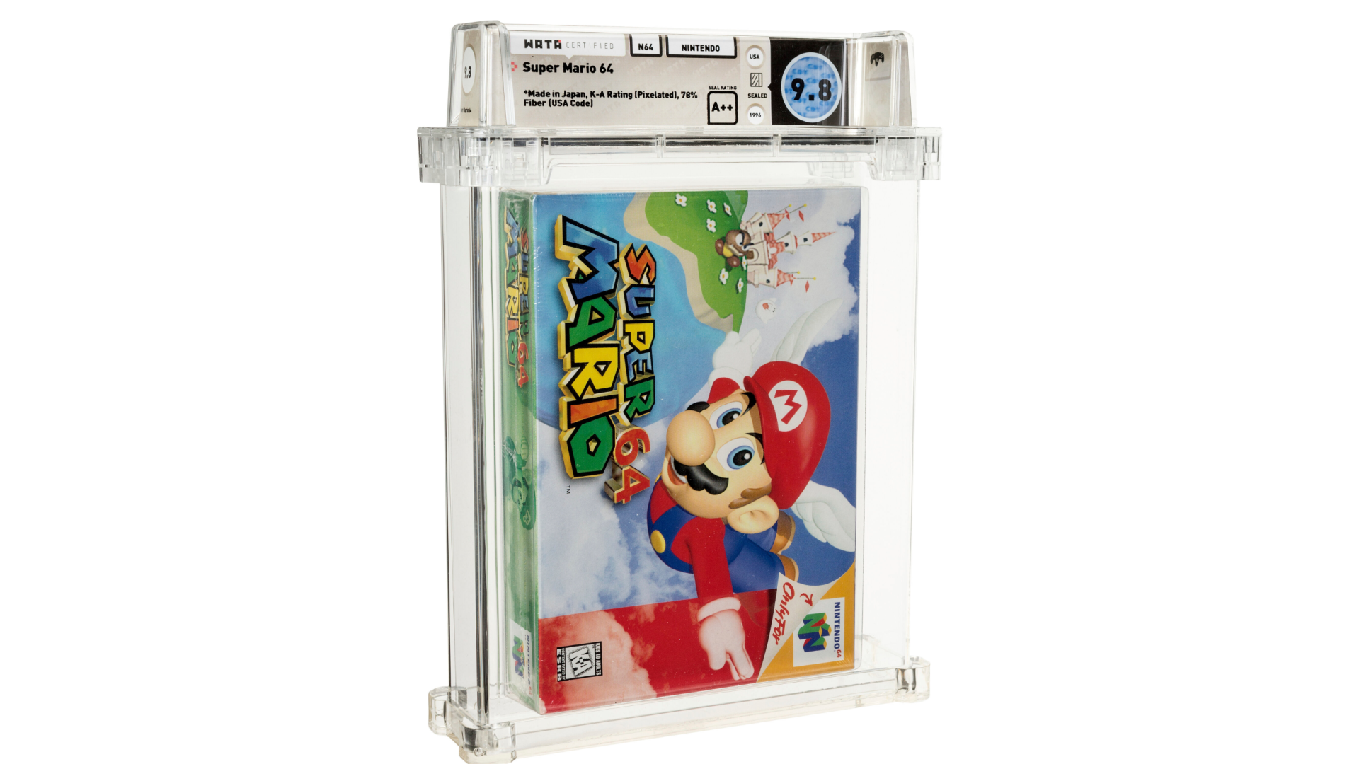 This photo provided by Heritage Auctions shows an unopened copy of Nintendo’s Super Mario 64 that has sold at auction for $1.56 million. Heritage Auctions in Dallas said that the 1996 video game sold Sunday, July 11, 2021, breaking its previous record price for the sale of a single video game. (Courtesy of Heritage Auctions via AP)