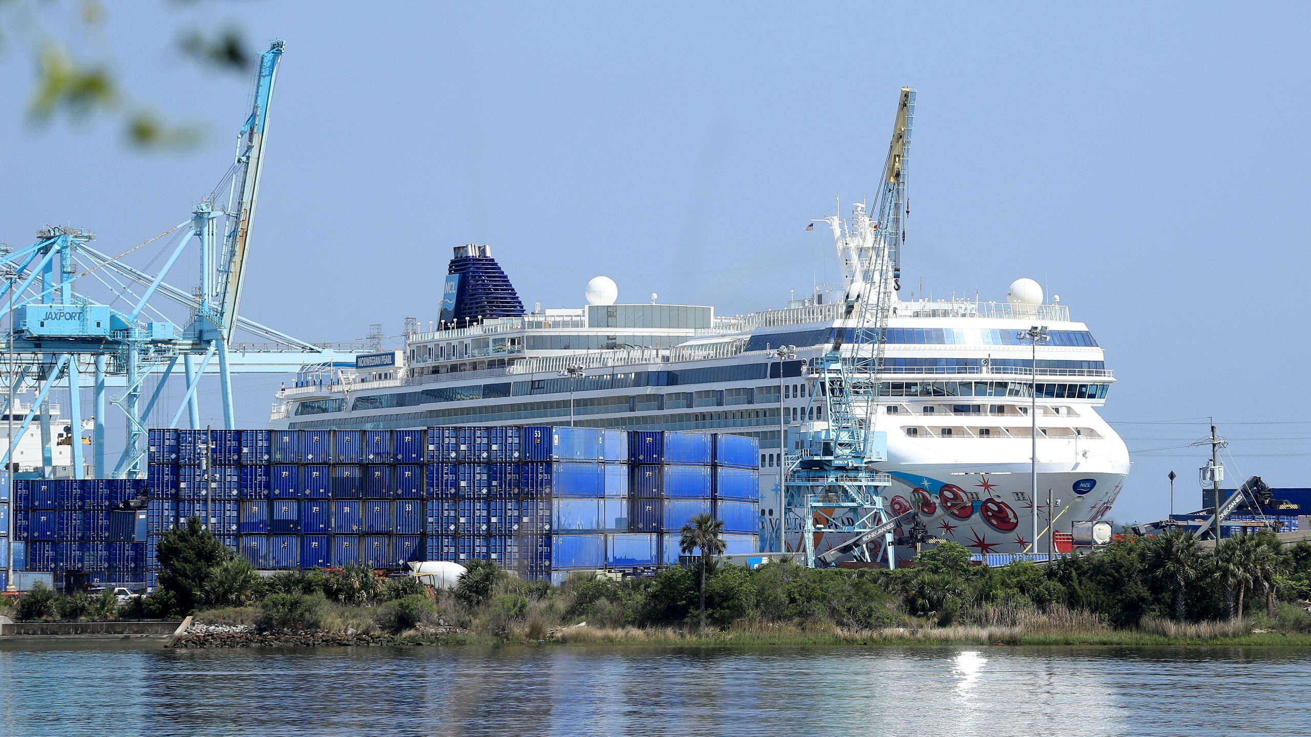 A Norwegian Cruise Line ship is seen docked at the Port of Jacksonville on March 27, 2020 in Florida. (Sam Greenwood/Getty Images)