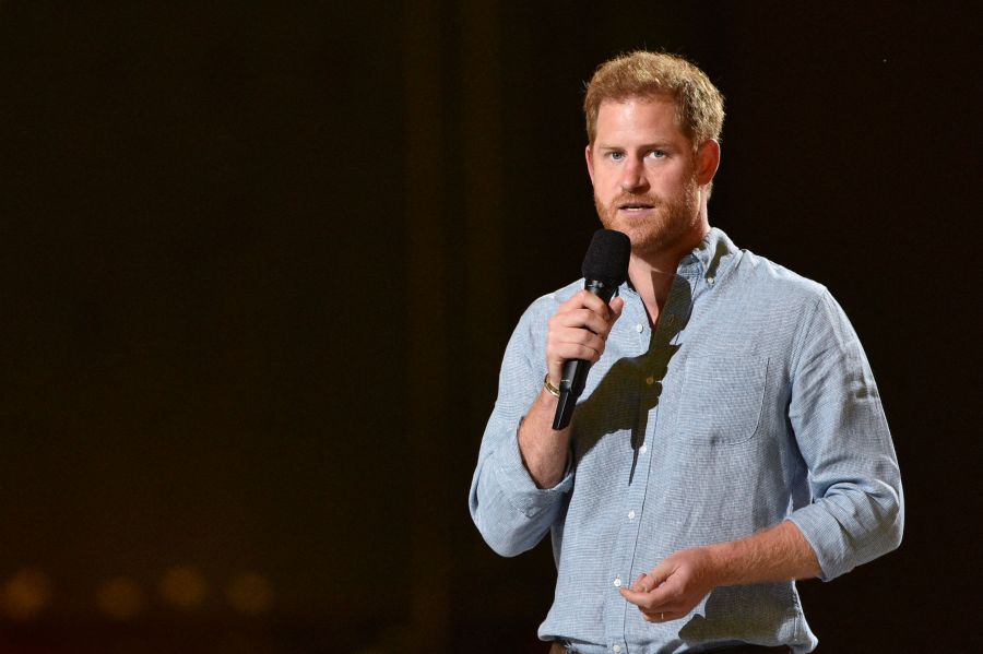 Prince Harry, Duke of Sussex gestures as he speaks onstage during the taping of the "Vax Live" fundraising concert at SoFi Stadium in Inglewood on May 2, 2021. (VALERIE MACON/AFP via Getty Images)