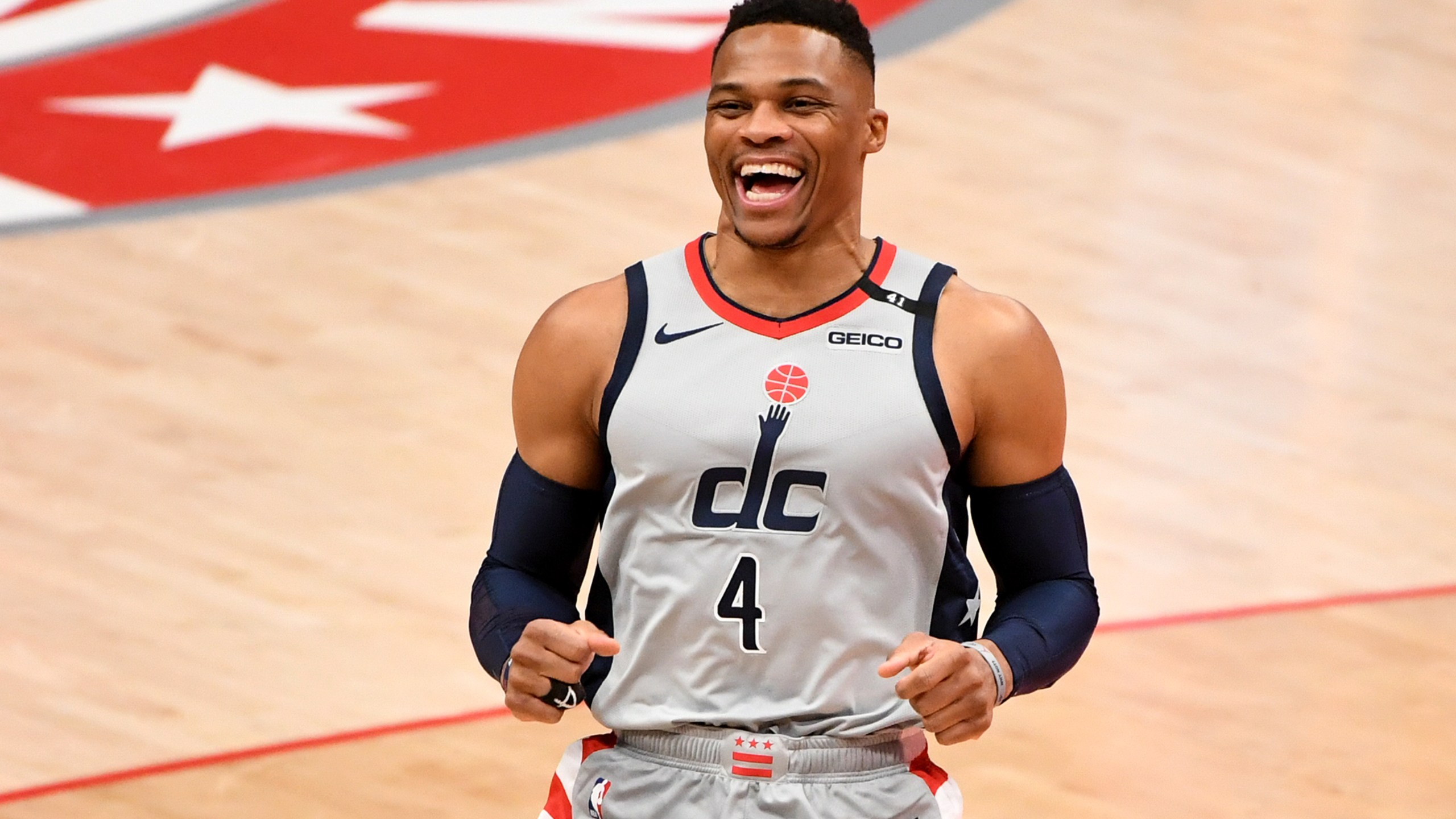 Russell Westbrook #4 of the Washington Wizards reacts prior to the game against the Brooklyn Nets at Capital One Arena on Jan. 31, 2021, in Washington, DC. (Will Newton/Getty Images)