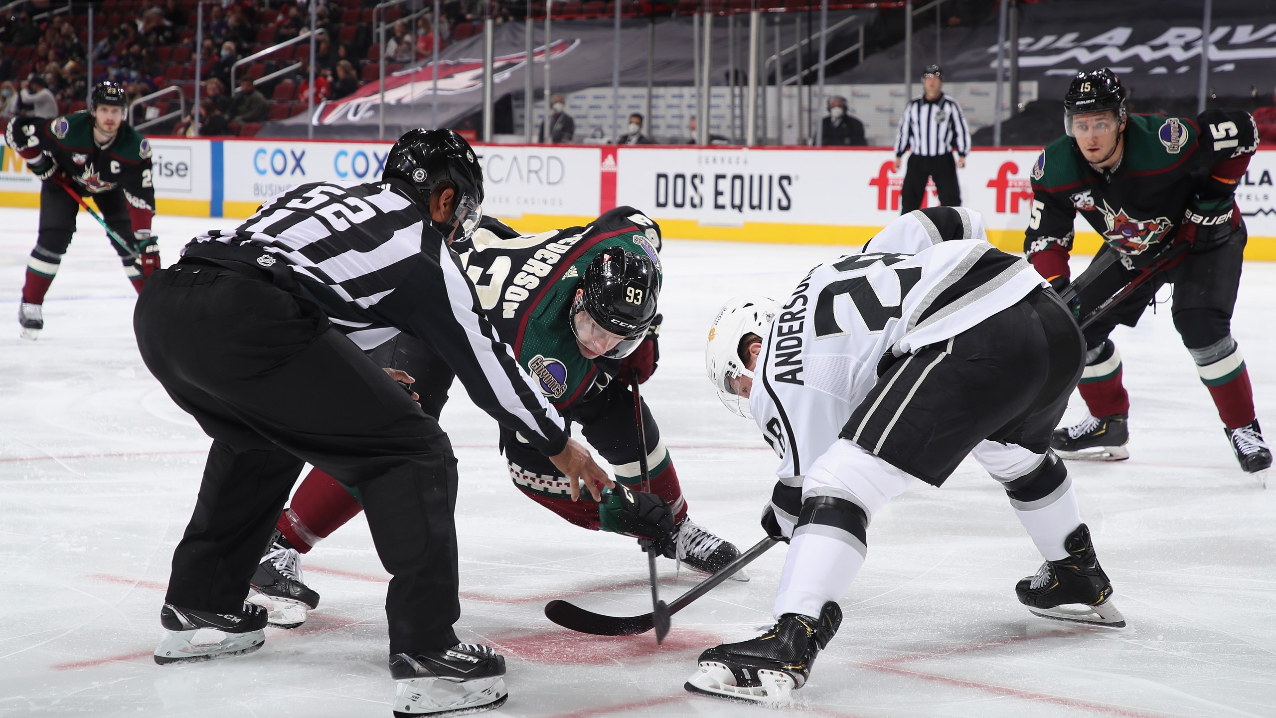 Lane Pederson #93 of the Arizona Coyotes faces off against Jaret Anderson-Dolan #28 of the Los Angeles Kings during the NHL game at Gila River Arena on May 5, 2021, in Glendale, Arizona. The Kings defeated the Coyotes 4-2. (Christian Petersen/Getty Images)