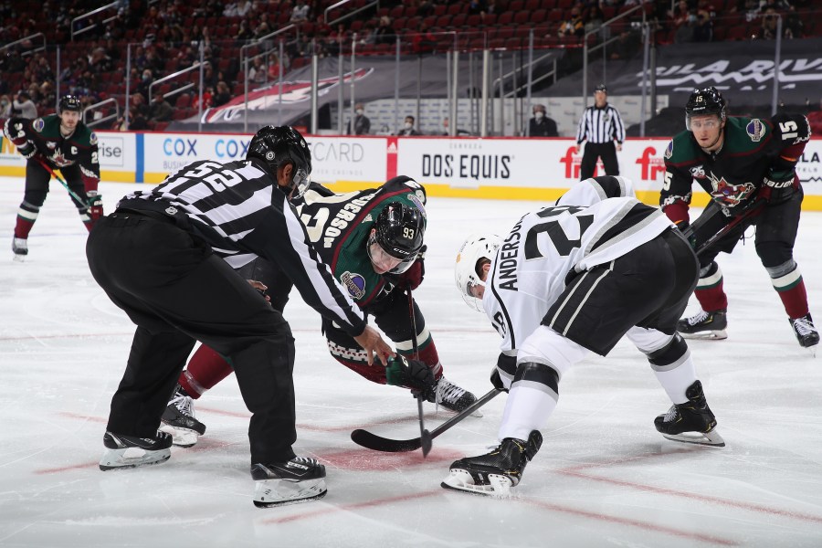 Lane Pederson #93 of the Arizona Coyotes faces off against Jaret Anderson-Dolan #28 of the Los Angeles Kings during the NHL game at Gila River Arena on May 5, 2021, in Glendale, Arizona. The Kings defeated the Coyotes 4-2. (Christian Petersen/Getty Images)