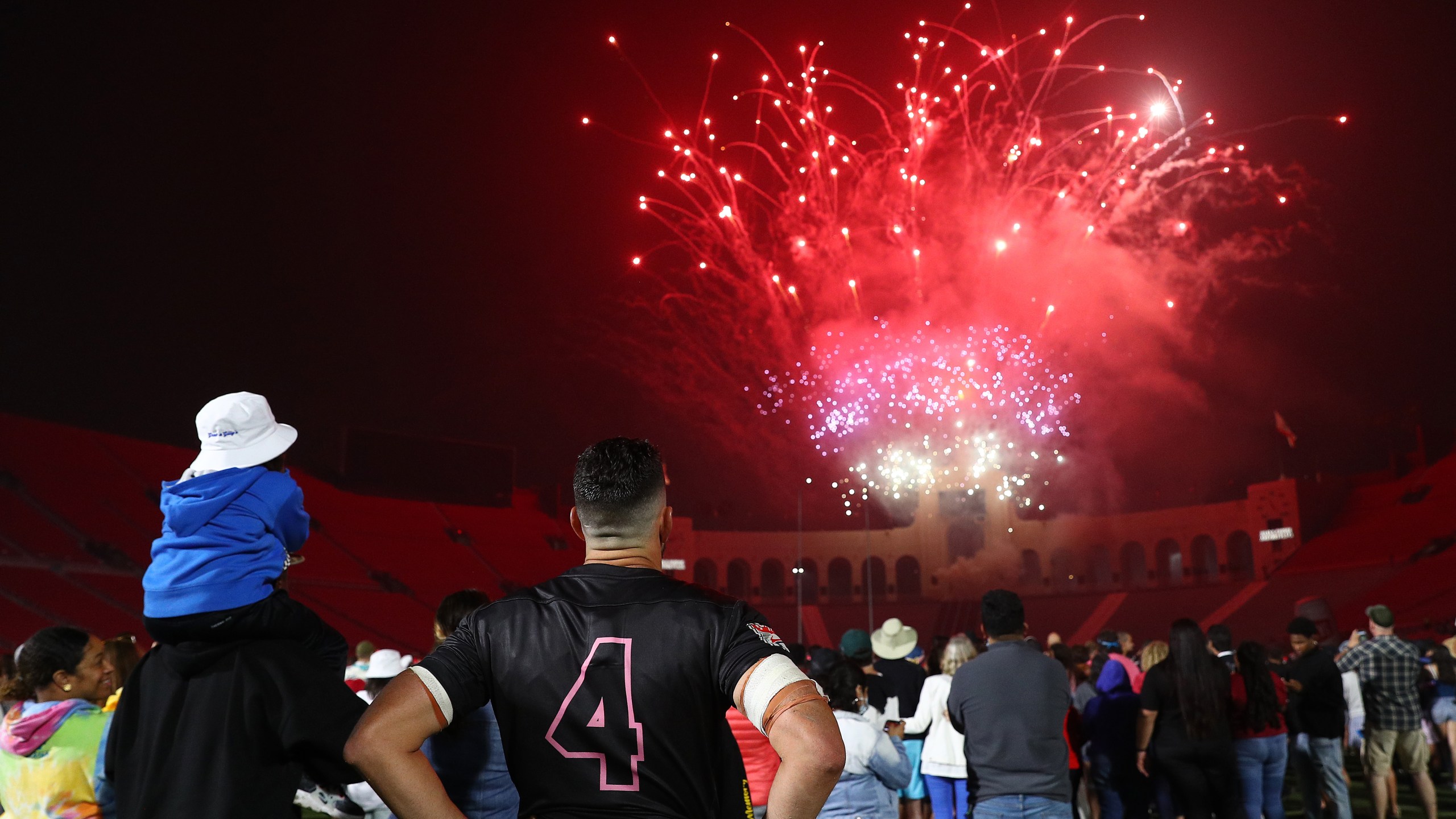 Dave Dennis #4 of the LA Giltinis watches the fireworks show after the game against NOLA Gold at Los Angeles Coliseum on July 4, 2021, in Los Angeles, California. (Meg Oliphant/Getty Images for LA Giltinis)