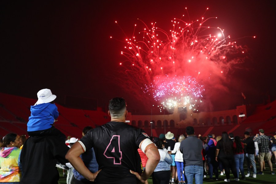 Dave Dennis #4 of the LA Giltinis watches the fireworks show after the game against NOLA Gold at Los Angeles Coliseum on July 4, 2021, in Los Angeles, California. (Meg Oliphant/Getty Images for LA Giltinis)