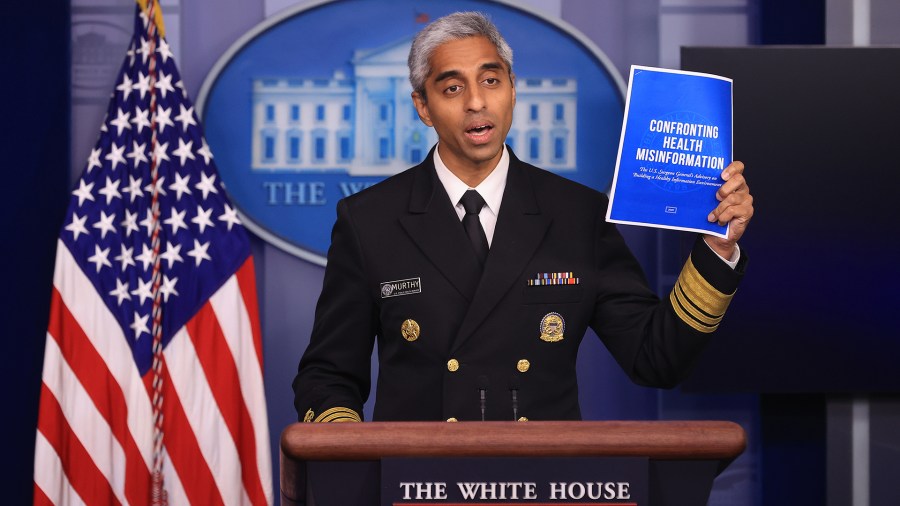 U.S. Surgeon General Vivek Murthy talks to reporters during the daily news conference in the Brady Press Briefing Room at the White House on July 15, 2021 in Washington, DC. Murthy announced the publication of a Surgeon's General's advisory titled, 'Confronting Health Misinformation,' and called on social media companies to do more to combat false information about the coronavirus vaccine and other health care topics. (Photo by Chip Somodevilla/Getty Images)