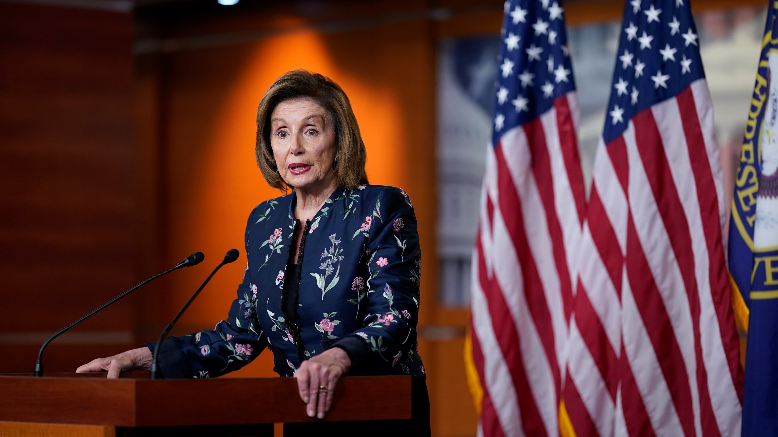 In this July 22, 2021, photo, Speaker of the House Nancy Pelosi, D-Calif., meets with reporters at the Capitol in Washington. (AP Photo/J. Scott Applewhite)