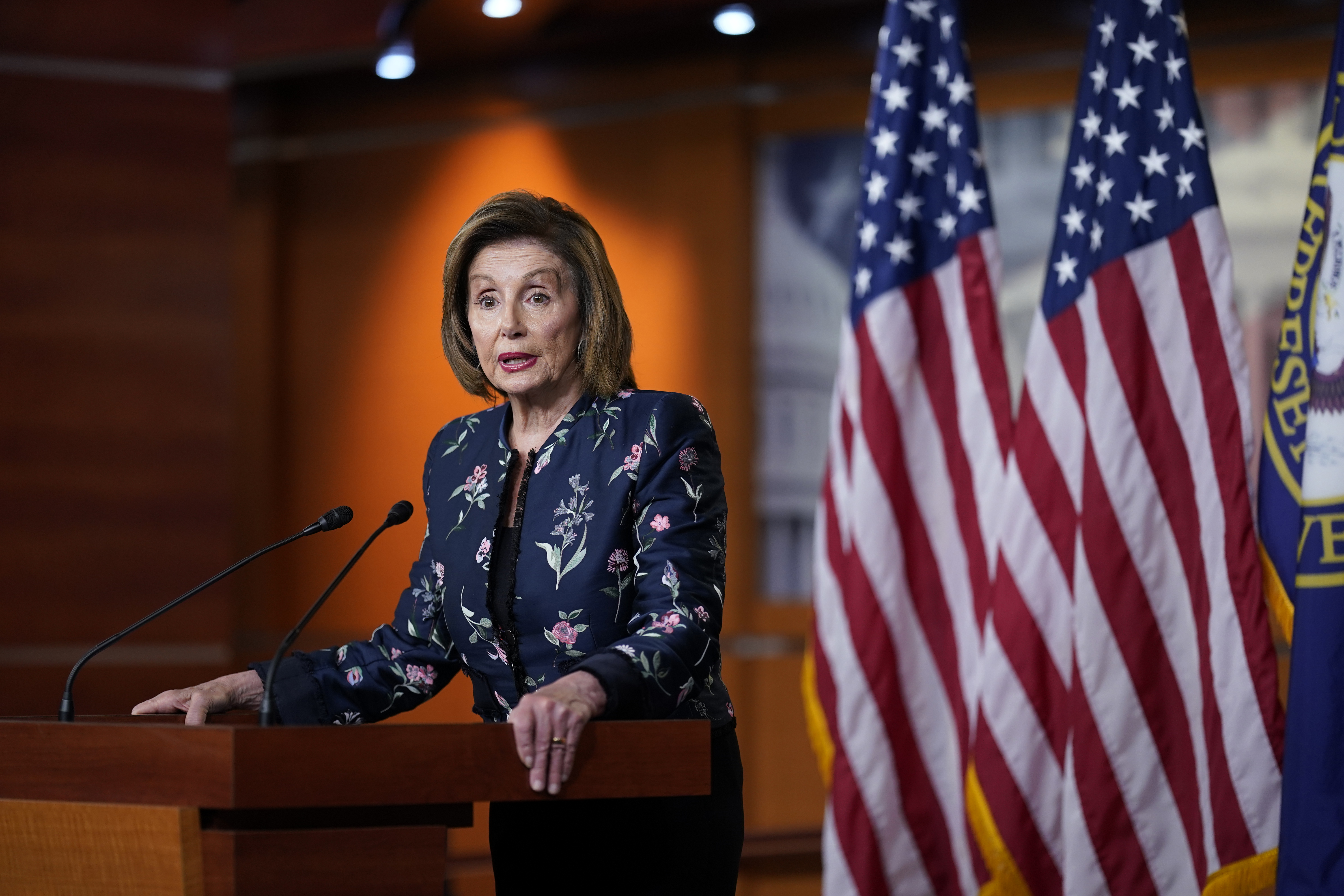 In this July 22, 2021, photo, Speaker of the House Nancy Pelosi, D-Calif., meets with reporters at the Capitol in Washington. (AP Photo/J. Scott Applewhite)