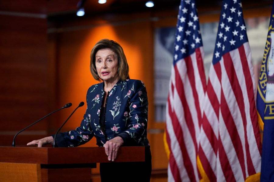 In this July 22, 2021, photo, Speaker of the House Nancy Pelosi, D-Calif., meets with reporters at the Capitol in Washington. (AP Photo/J. Scott Applewhite)