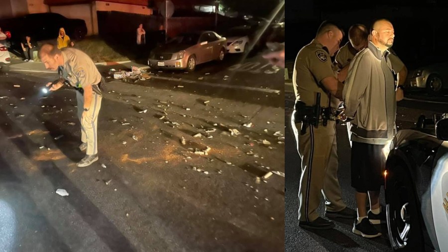 Officers investigated a crash that injured a Santa Paula officer on July 4, 2021, left; the suspect is taken into custody at the scene, right. (Santa Paula Police Department)