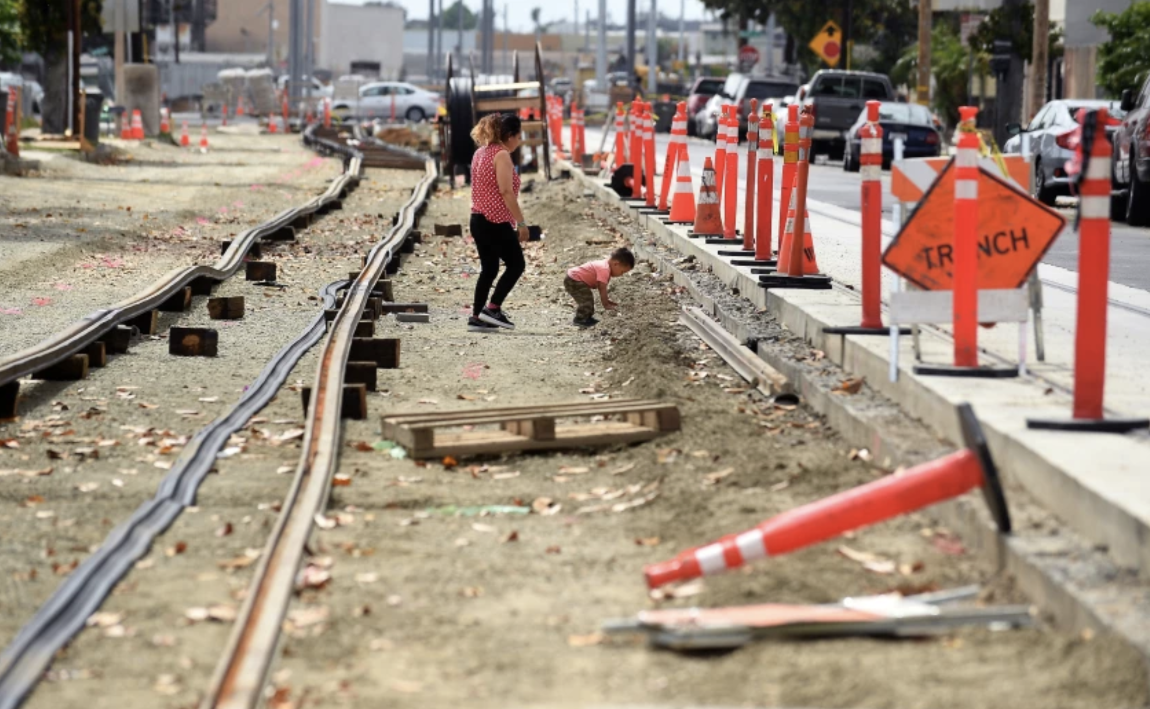 Tracks are under construction in Santa Ana for a light-rail system, dubbed the OC Streetcar, that is scheduled to be completed by 2023.(Wally Skalij / Los Angeles Times)