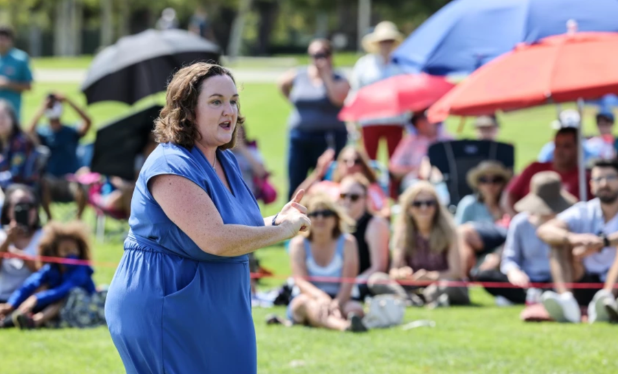 Rep. Katie Porter (D-Irvine) speaks during a town hall meeting at Mike Ward Community Park in Irvine on July 11, 2021. (Robert Gauthier / Los Angeles Times)