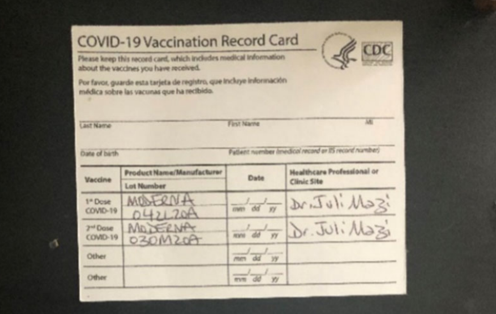 A fake CDC card allegedly given out by homeopathic doctor Juli A. Mazi. (U.S. Department of Justice)