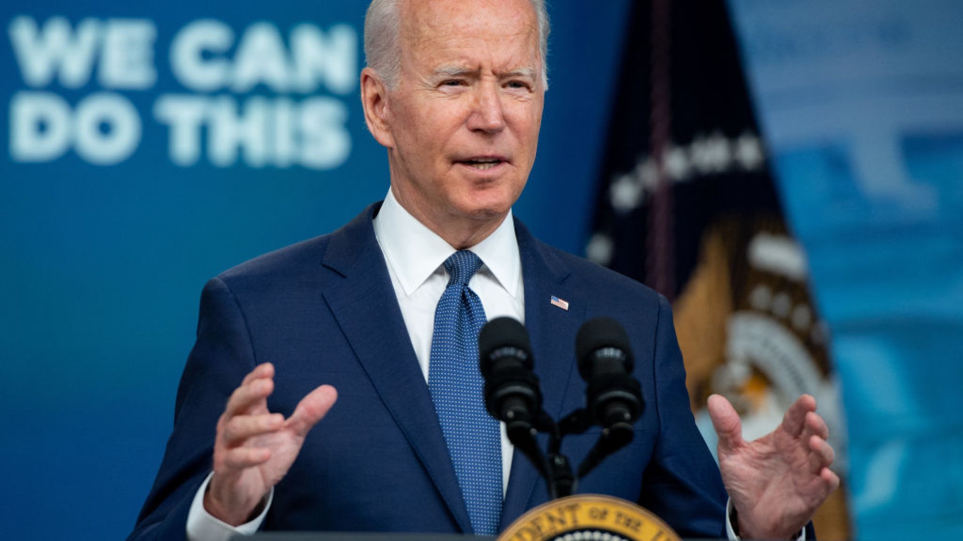 US President Joe Biden speaks in the Eisenhower Executive Office Building in Washington, DC, July 6, 2021. (Photo by SAUL LOEB/AFP via Getty Images)