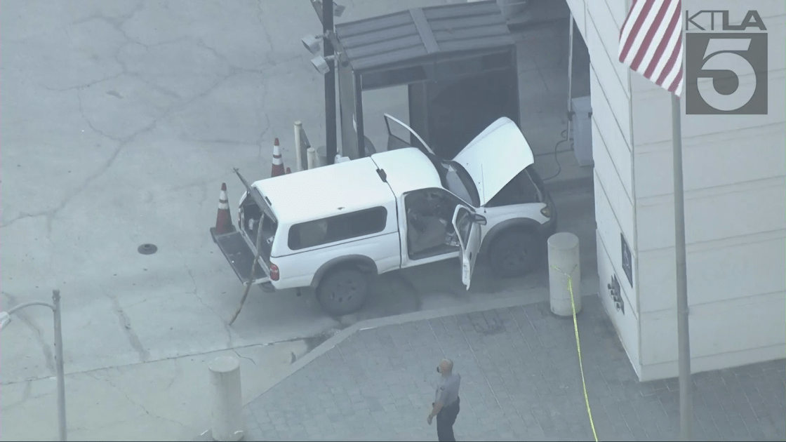 A truck being driven by a heavily armed man was stopped outside the Edward R. Roybal Federal Building in downtown Los Angeles on July 15, 2021. (KTLA)