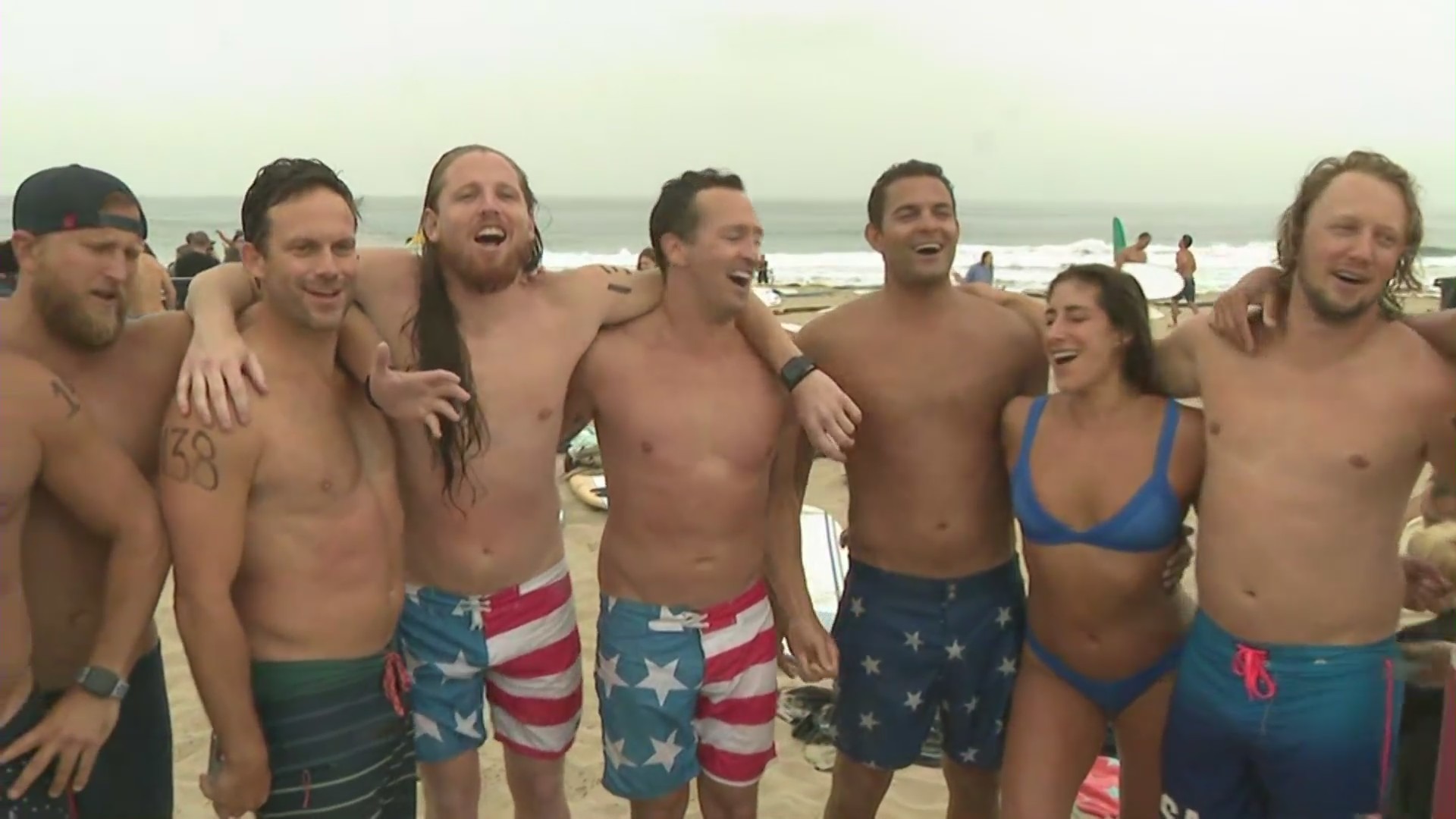 Hermosa Beach ironman competitors celebrate the Fourth of July. (KTLA)