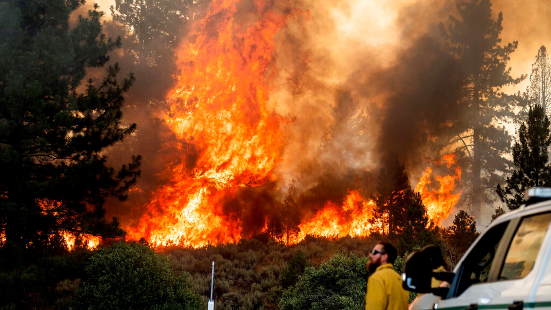 Firefighter Kyle Jacobson monitors the Sugar Fire, part of the Beckwourth Complex Fire, burning in Plumas National Forest, Calif., on Friday, July 9, 2021. (AP Photo/Noah Berger)