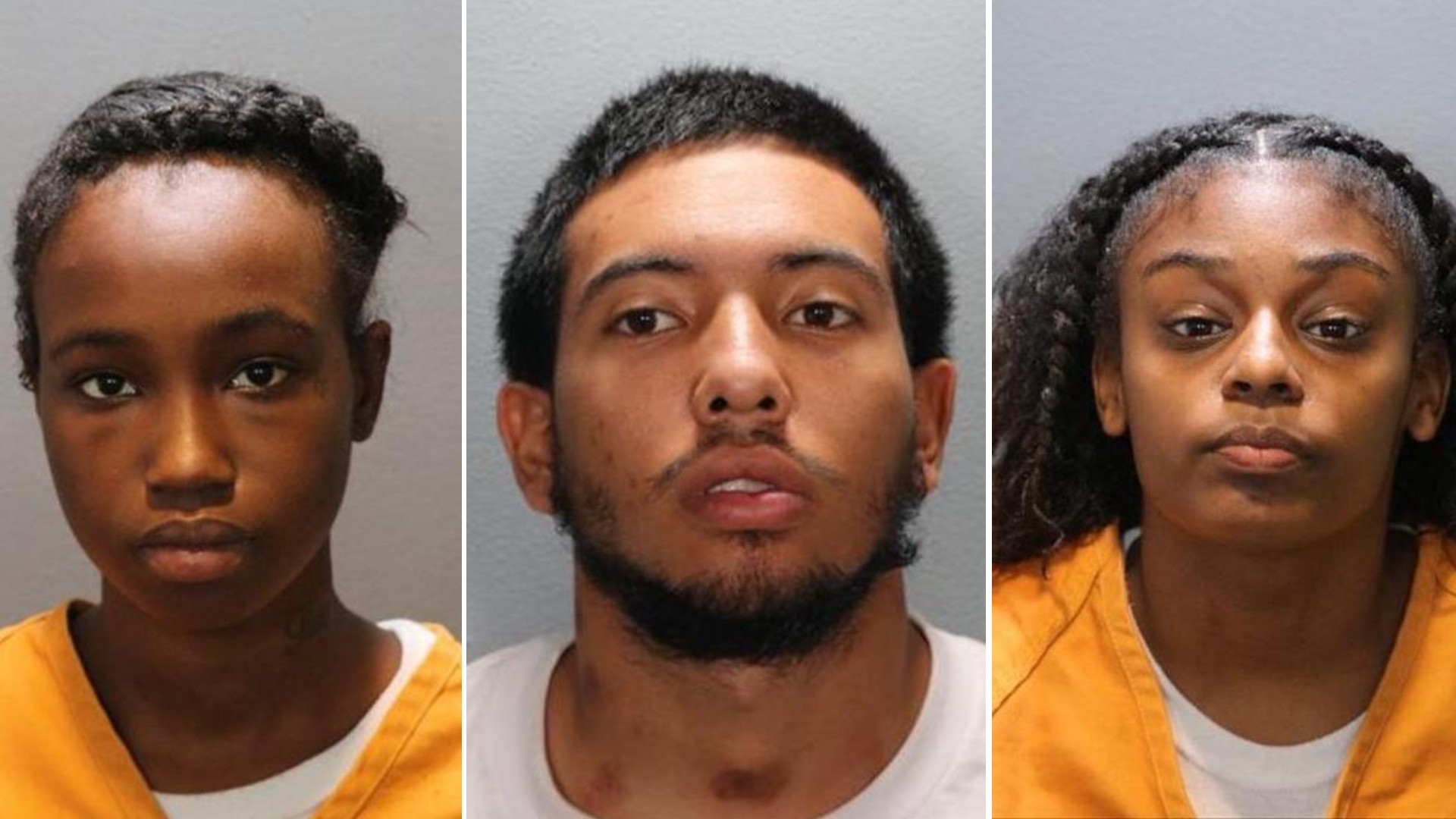 Asja Hansbrough, Tommy Dunmore and Kahjai Alford are seen in booking photos released by the Seal Beach Police Department on July 21, 2021.