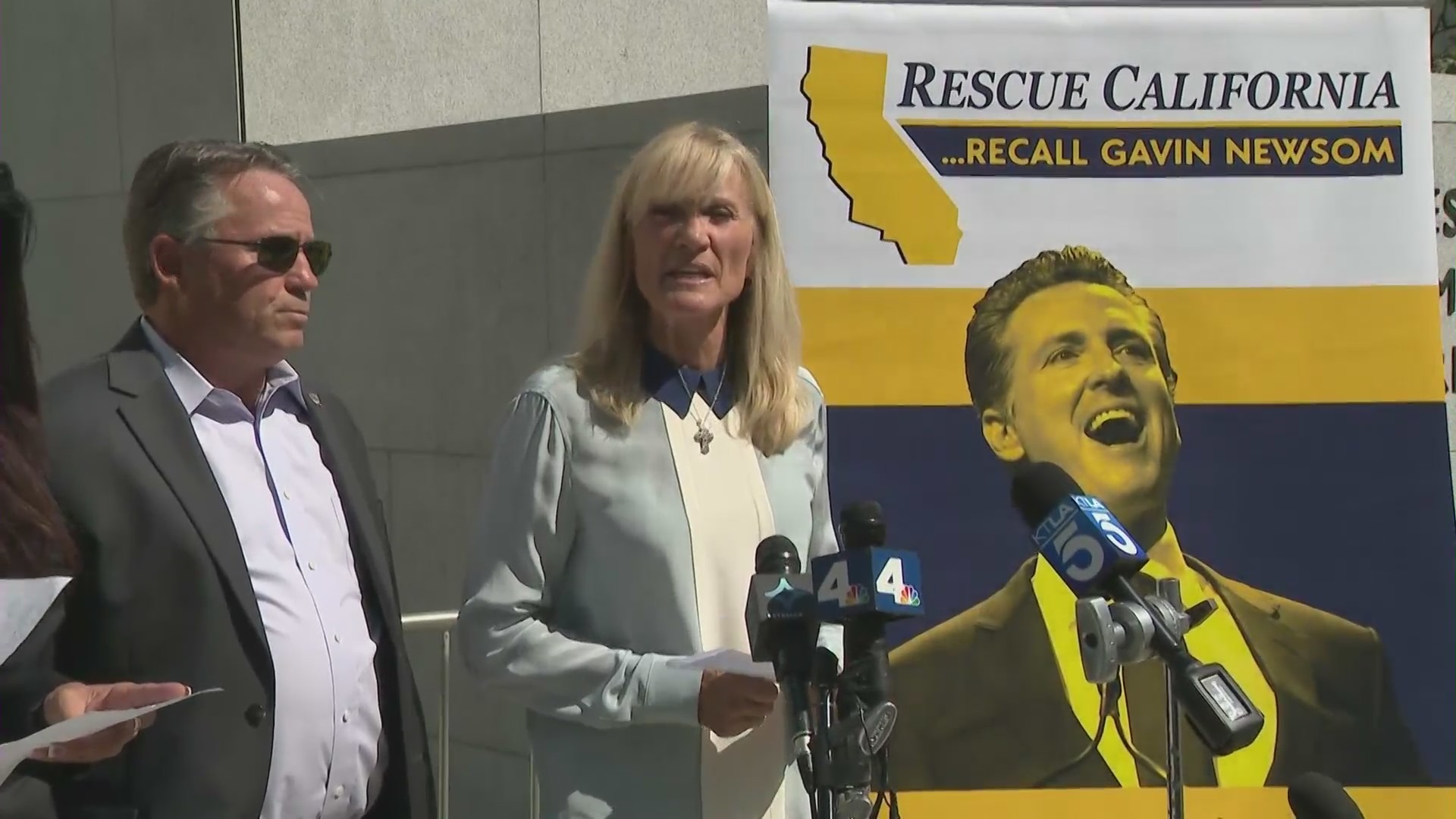 Rescue California holds an event in downtown Los Angeles on July 19, 2021, to support the recall of Gov. Gavin Newsom. (KTLA)