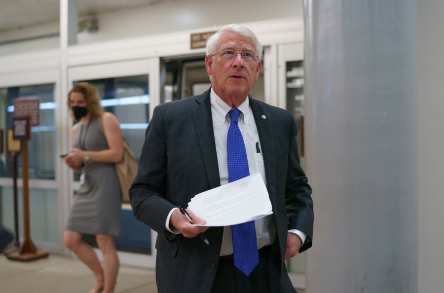 In this Thursday, May 27, 2021 file photo, Sen. Roger Wicker, R-Miss., arrives as senators go to the chamber for votes ahead of the approaching Memorial Day recess, at the Capitol in Washington. Republican Sen. Roger Wicker of Mississippi says installing massive pumps to drain water from the south Mississippi Delta would be a way to fight environmental injustice. He says the project would help low-income and minority residents whose lives are disrupted by flooding. Wicker made his statements to a Senate subcommittee Thursday, July 22, 2021. (AP Photo/J. Scott Applewhite, File)