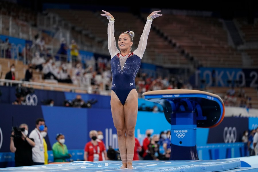 Mykayla Skinner of the United States, performs on the vault during the artistic gymnastics women's apparatus final at the 2020 Summer Olympics, Sunday, Aug. 1, 2021, in Tokyo, Japan. (AP Photo/Ashley Landis)