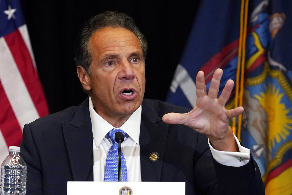 New York Gov. Andrew Cuomo speaks during a news conference at New York's Yankee Stadium on July 26, 2021. (Richard Drew/Associated Press)