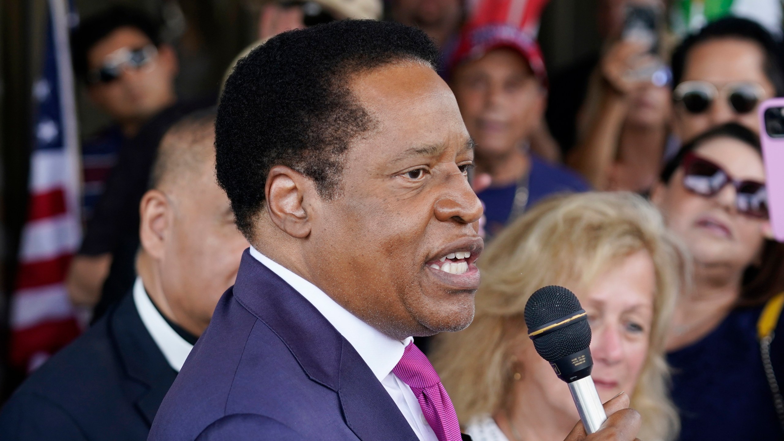 In this July 13, 2021, file photo, conservative radio talk show host Larry Elder speaks to supporters during a campaign stop in Norwalk. (Jose Sanchez/Associated Press)