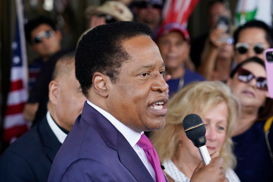 In this July 13, 2021, file photo, conservative radio talk show host Larry Elder speaks to supporters during a campaign stop in Norwalk. (Jose Sanchez/Associated Press)