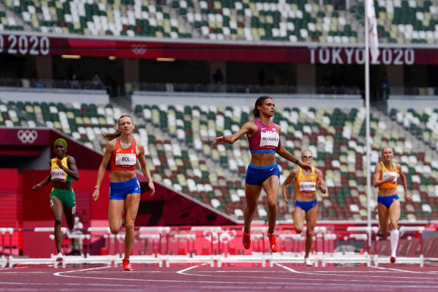 Sydney Mclaughlin, of the United States, wins the women's 400-meter hurdles final at the 2020 Summer Olympics, Wednesday, Aug. 4, 2021, in Tokyo, Japan. (AP Photo/Petr David Josek)