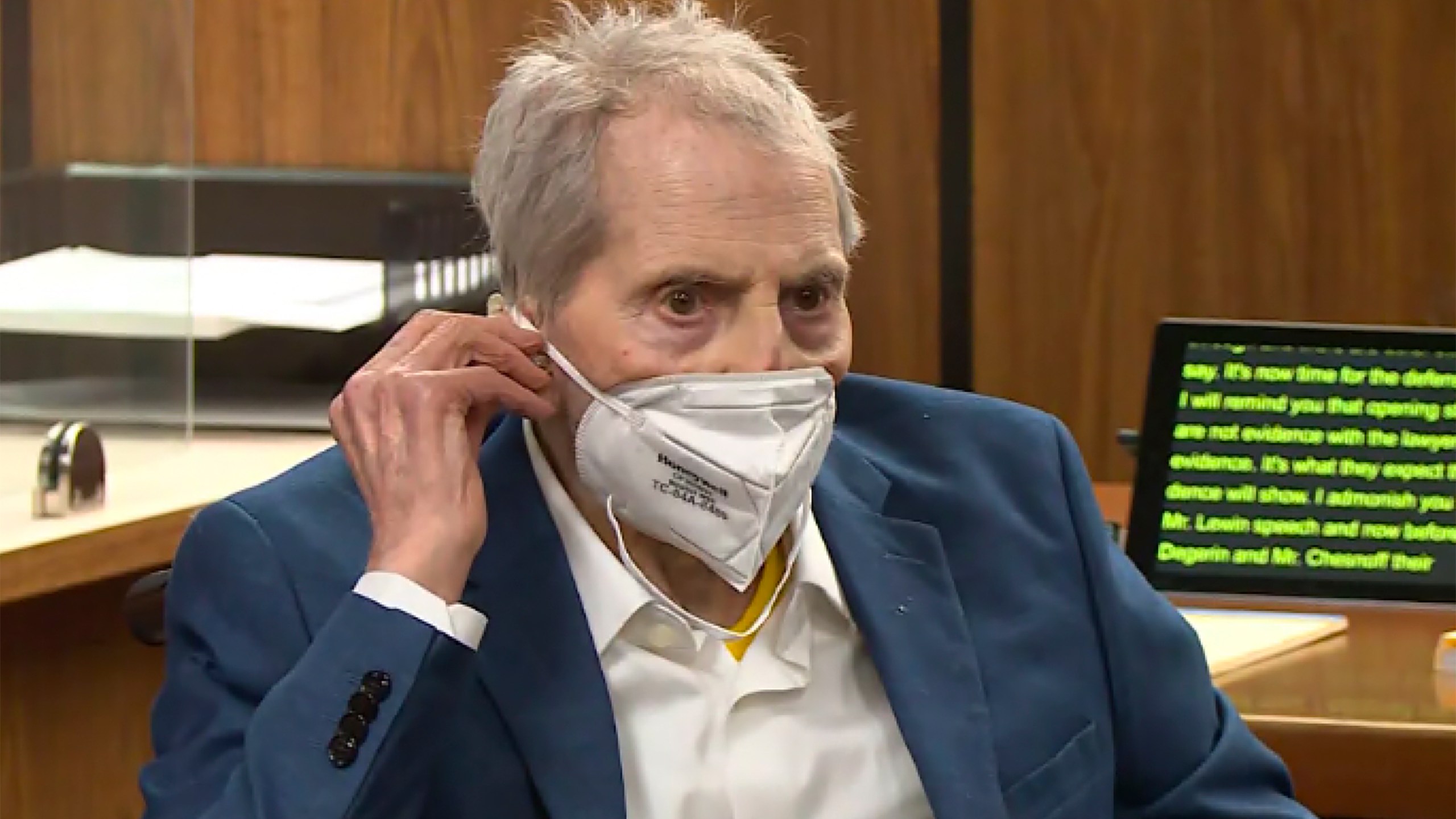 In this still image taken Wednesday, May 19, 2021, from the Law & Crime Network court video, real estate heir Robert Durst watches as his defense attorney Dick DeGuerin presents a new round of opening statements in the murder case against Durst in Los Angeles County Superior Court in Inglewood, Calif. Durst is expected to take the stand at his Los Angeles County murder trial on Thursday, Aug. 5. (Law & Crime Network via AP, Pool, File)