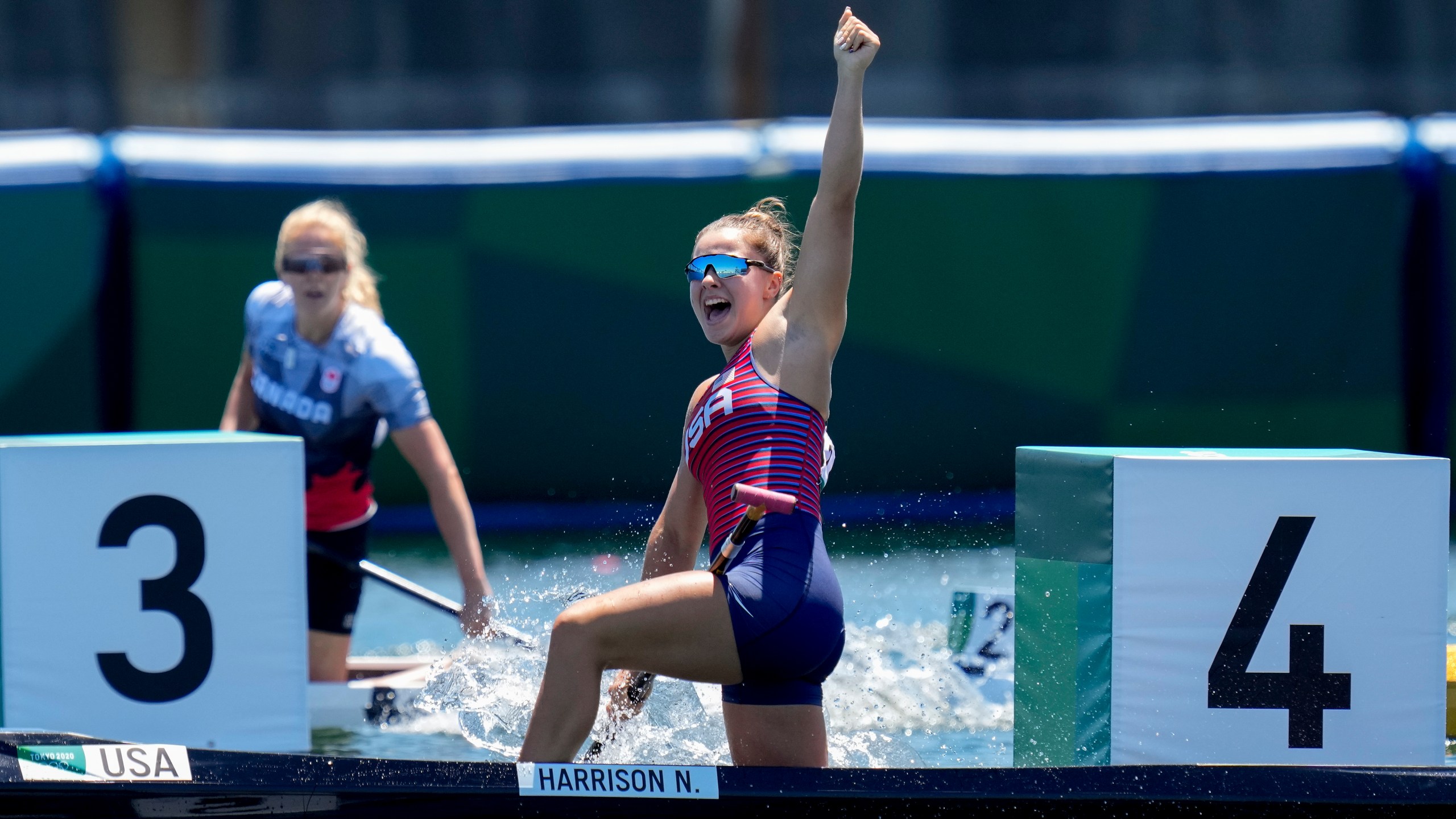 Nevin Harrison, of the United States, reacts after winning the gold medal in the women's canoe single 200m final at the 2020 Summer Olympics on Aug. 5, 2021, in Tokyo, Japan. (AP Photo/Kirsty Wigglesworth)