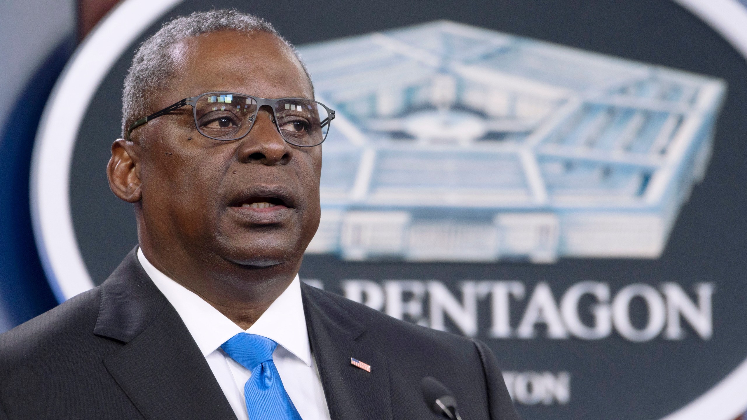 In this July 21, 2021 file photo, Defense Secretary Lloyd Austin speaks at a press briefing at the Pentagon in Washington. Austin has said he is working expeditiously to make the COVID-19 vaccine mandatory for military personnel and is expected to ask Biden to waive a federal law that requires individuals be given a choice if the vaccine is not fully licensed. (AP Photo/Kevin Wolf, File)