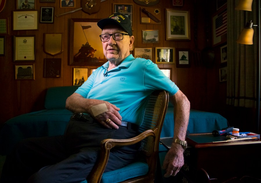 Dave Severance, a retired U.S. Marine colonel whose troops were the first to plant an American flag over the Japanese island of Iwo Jima during World War II, is seen at his home in San Diego on May 20, 2015. (San Diego Union-Tribune via Associated Press)