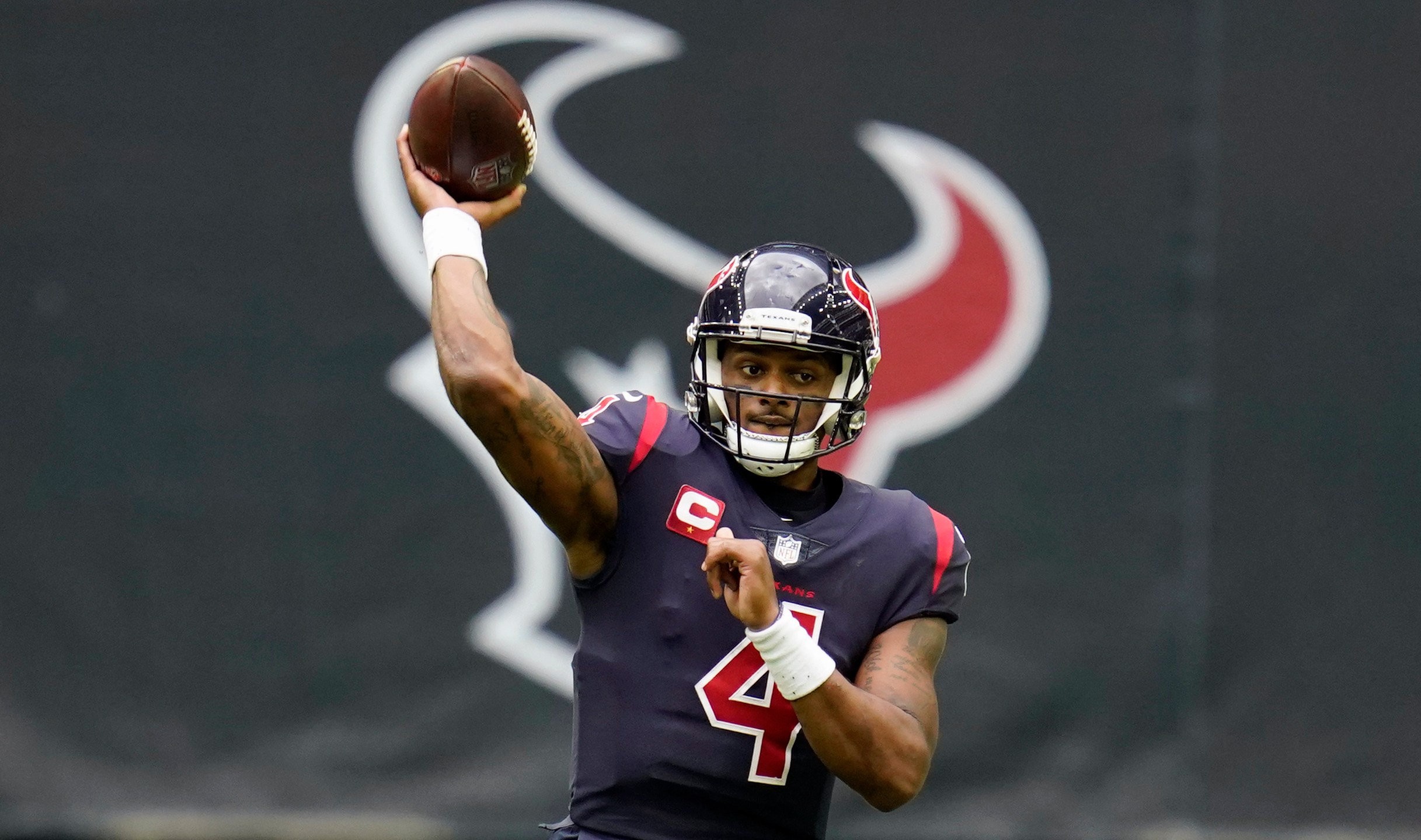 In this Dec. 27, 2020, file photo, Houston Texans quarterback Deshaun Watson throws a pass during an NFL football game against the Cincinnati Bengals in Houston. (AP Photo/Matt Patterson, File)