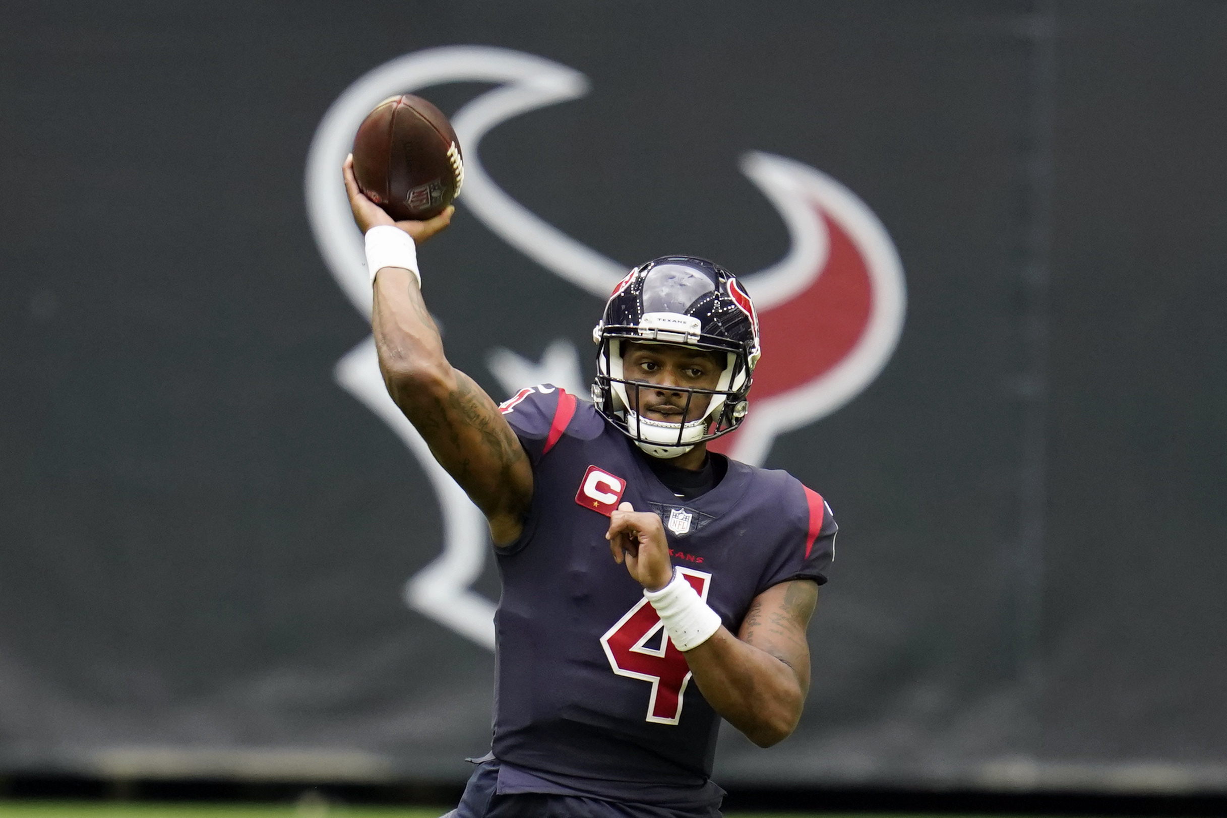 In this Dec. 27, 2020, file photo, Houston Texans quarterback Deshaun Watson throws a pass during an NFL football game against the Cincinnati Bengals in Houston. (AP Photo/Matt Patterson, File)