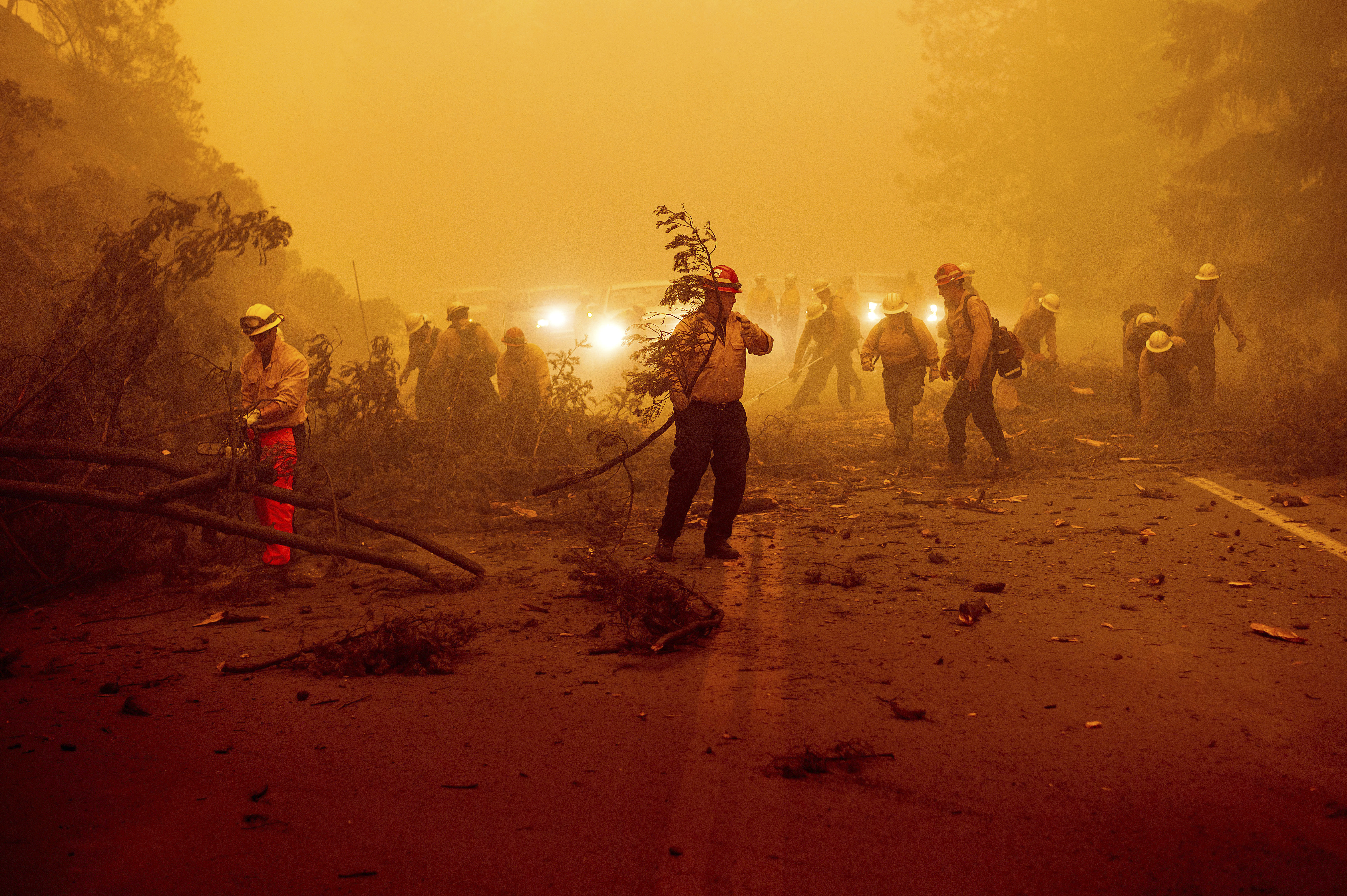 Firefighters battling the Dixie Fire clear Highway 89 after a burned tree fell across the roadway in Plumas County, Calif., on Friday, Aug. 6, 2021. (AP Photo/Noah Berger)