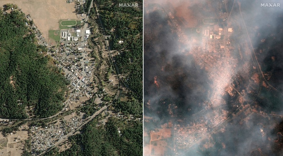 In this satellite image provided by Maxar Technologies shows from left, overview of Greenville, Calif., before the wildfires on Oct. 31, 2018 and overview of Greenville, during the Dixie Wildfires on Monday, Aug. 9, 2021. California’s largest single wildfire in recorded history is running through forestlands as fire crews try to protect rural communities from flames that have destroyed hundreds of homes. (Satellite image ©2021 Maxar Technologies via AP)