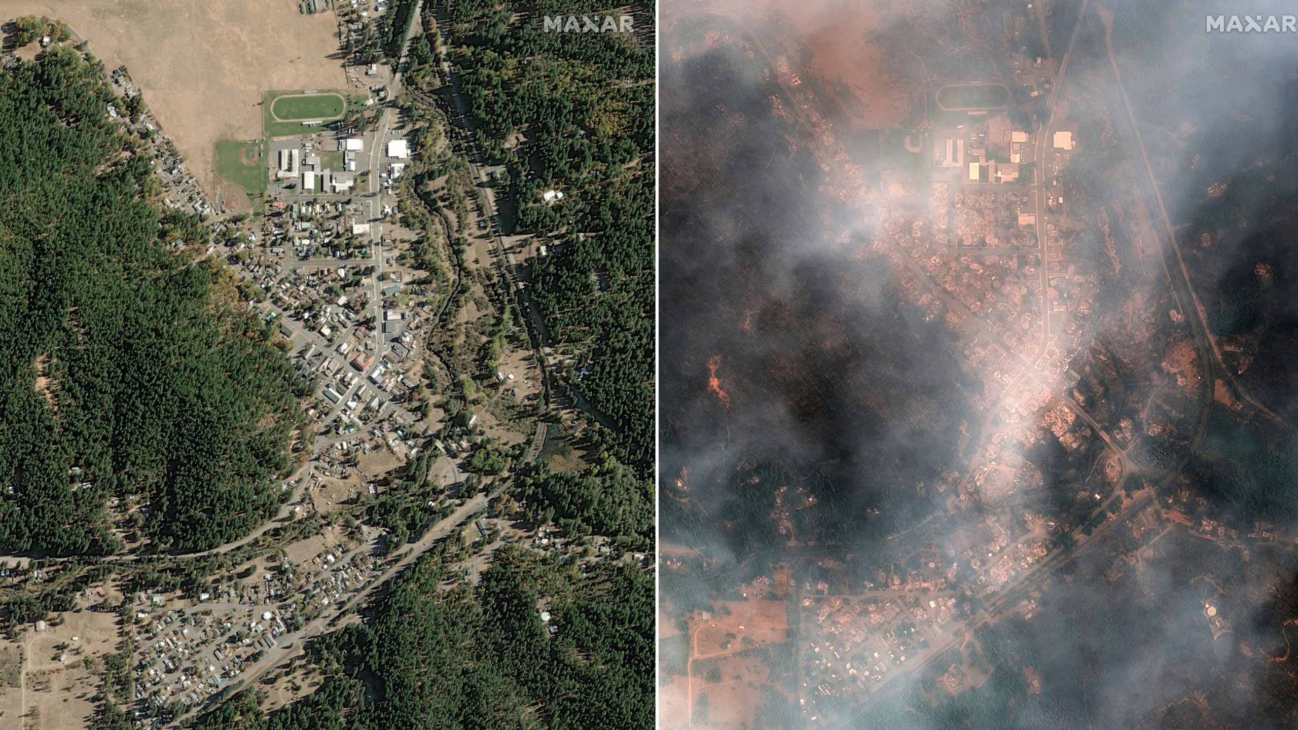 This satellite image provided by Maxar Technologies shows, from left, an overview of Greenville, Calif., before the wildfires on Oct. 31, 2018, and overview of Greenville during the Dixie Wildfires on Aug. 9, 2021. (©2021 Maxar Technologies via Associated Press)