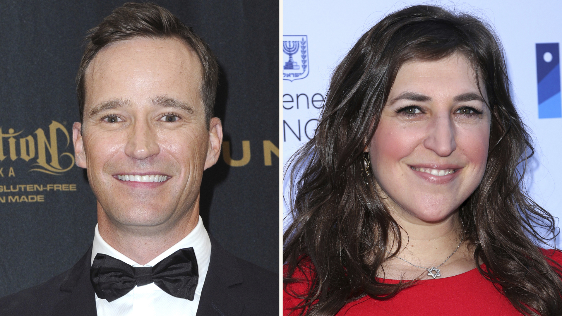 This combination photo shows Mike Richards, left, in the pressroom at the 43rd annual Daytime Emmy Awards on May 1, 2016, in Los Angeles and Mayim Bialik at a Celebration of the 70th Anniversary of Israel on June 10, 2018, in Los Angeles. (Richard Shotwell/Invision/AP)